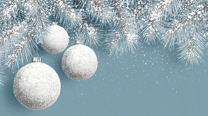 Elegant silver Christmas ornaments sparkle on frosted pine branches with falling snow, creating a magical winter holiday celebration scene.