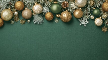 Elegant gold and green Christmas ornaments adorn festive fir branches, creating a luxurious holiday backdrop for seasonal designs and celebrations.