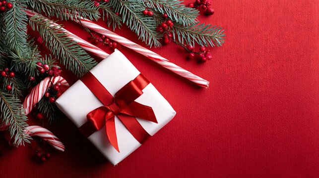 Unwrap festive joy with a beautifully presented Christmas gift, candy canes, and evergreen branches on a vibrant red background, perfect for holiday promotions. - Powered by Adobe