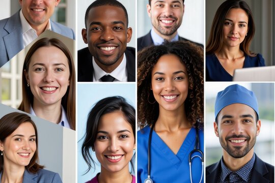 Diverse Group of Professionals in Business Attire and Medical Scrubs Join forces for Virtual Webinar: A Photo Collage