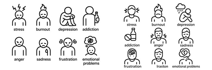 Line symbols for mental health issues and negative emotional states like stress and depression