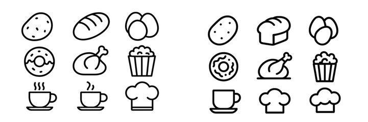 Minimalist outline icons collection featuring common food products and culinary elements