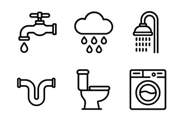 Essential plumbing, bathroom, and laundry symbols including faucet, shower, toilet, and washing machine