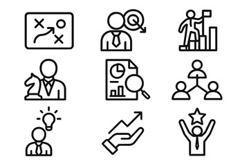 Business strategy and management outline icons covering analysis growth and success