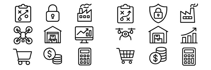 Outline symbols representing business, finance, logistics, and technology concepts