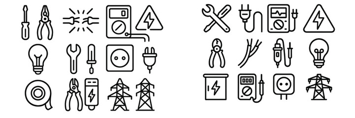 Outline icons set of electrical tools, equipment, power outlets, light bulbs, and warning signs