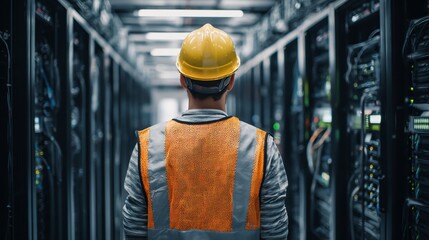 Technician in safety gear walks down a data center aisle lined with server racks