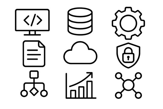 Essential symbols for software development, cloud computing, security, and data analytics