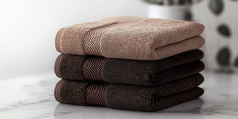 Soft towels stacked on a counter with simple design elements in the background during daylight