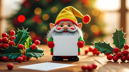 Cheerful colorful gnomes, holding a blank paper for a greeting text, surrounded by festive holly leaves and red berries.