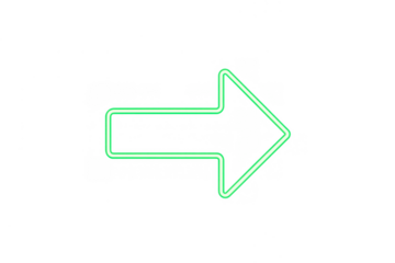 Green neon arrow pointer glowing right, indicating direction, success and innovation with transparent background