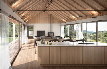 Interior espacioso y moderno de la casa con cocina abierta, comedor y sala de estar bajo un techo alto de madera con vigas vistas y chimenea.