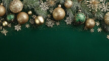 Elegant Christmas ornaments and snowflakes on emerald green background create a festive holiday banner or invitation, perfect for seasonal promotions