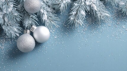 Elegant winter holiday scene with frosted pine and silver ornaments creating a serene, cool, and magical seasonal backdrop for your festive designs