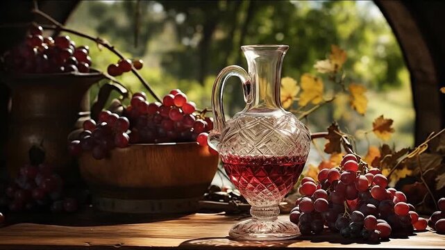 Sunlit vineyard table with decanter overflowing bowls of grapes on weathered wooden surface. Crystal carafe half filled with grape juice, warm autumn backlight. Generative AI
