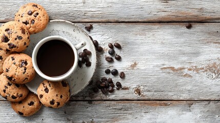Indulge in warm chocolate chip cookies with steaming coffee on rustic wood for a comforting break time treat, perfect for a cozy lifestyle moment