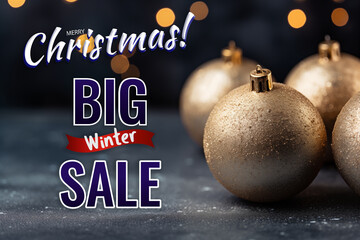 Elegant Greeting Design and Text. merry Christmas. Festive Gold and Silver Baubles Decorate Dark Elegant Background.