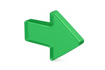 Green 3d arrow icon pointing right on a transparent background, representing direction, navigation, and growth