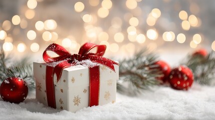 Elegant Christmas present with red ribbon and ornaments in snow under glittering lights creates a festive holiday mood, perfect for seasonal promotions