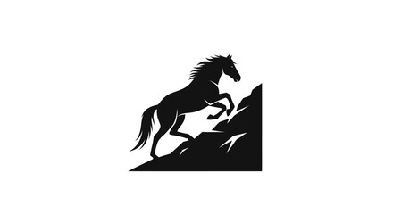 Powerful Black Horse Rearing on a Mountain Cliff Silhouette.