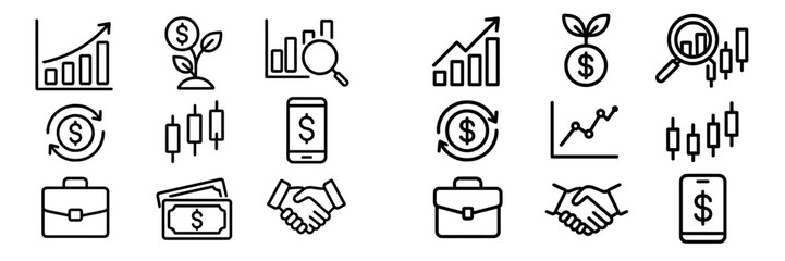Essential business, finance, and investment concepts represented by outline pictograms