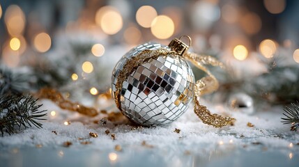 Sparkling disco ball Christmas ornament with festive golden ribbon on snowy surface, perfect for holiday promotions and new year's eve celebrations
