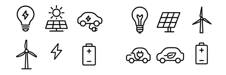 Outline icons of renewable energy and electric vehicles including solar, wind, and battery storage