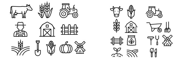 Outline set of essential farming and agriculture elements including crops, livestock, and machinery