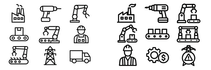 Manufacturing and industrial production line with robotics, factory elements, and tools