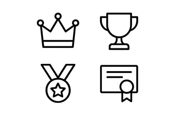 Outline set of crown, trophy, medal, and certificate representing achievement and success