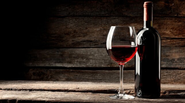 Elegant red wine bottle and glass on rustic wooden table, perfect for wine tasting events, restaurant promotions, and cozy evening celebrations - Powered by Adobe