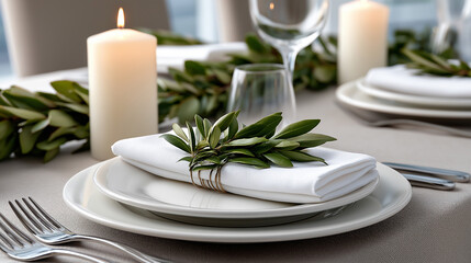 Elegant dinner setting with white plates, greenery, candles, and glassware prepared for a gathering at sunset