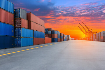 Cargo containers are stacked at a shipping port during sunset with cranes in the background