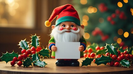 Cheerful colorful gnomes, holding a blank paper for a greeting text, surrounded by festive holly leaves and red berries.