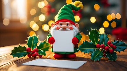 Cheerful colorful gnomes, holding a blank paper for a greeting text, surrounded by festive holly leaves and red berries.