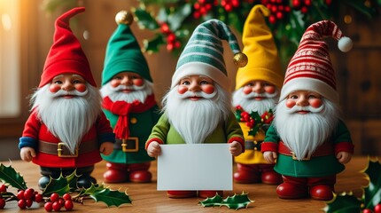 Cheerful colorful gnomes, holding a blank paper for a greeting text, surrounded by festive holly leaves and red berries.