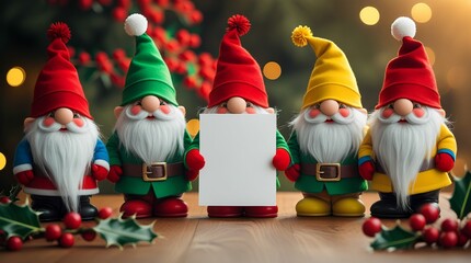 Cheerful colorful gnomes, holding a blank paper for a greeting text, surrounded by festive holly leaves and red berries.