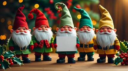 Cheerful colorful gnomes, holding a blank paper for a greeting text, surrounded by festive holly leaves and red berries.