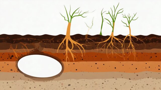Gen-4 Turbo Underground-style animation showing roots intertwining dynamically, soil particles shifting, with a clean area for copy