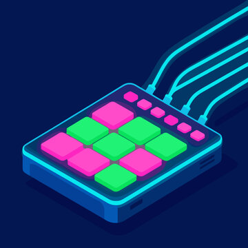 Isometric style illustration of neon MIDI controller glowing in blue, pink and green colors, electronic beatmaking and music production device concept for DJ branding and digital marketing