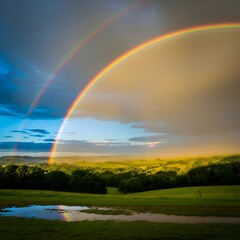 Obraz premium Spectacular double rainbow illuminates a tranquil green valley and reflective pond beneath a dramatic post-rain sky, showcasing nature's vibrant beauty and atmospheric wonder