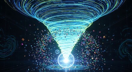 Abstract vortex of light and particles swirling around a glowing sphere