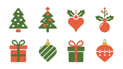 Christmas icons and tree set with holiday decorations and gifts