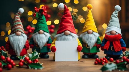 Cheerful colorful gnomes, holding a blank paper for a greeting text, surrounded by festive holly leaves and red berries.