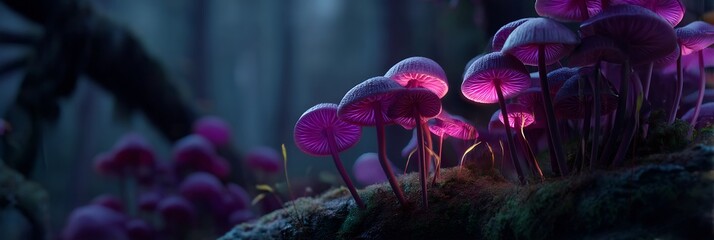 Enchanting cluster of glowing purple and pink bioluminescent mushrooms illuminating a dark, mystical fantasy forest landscape with vibrant colors and cinematic lighting.