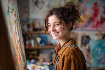 Obraz premium Young artist smiles while painting in a studio setting