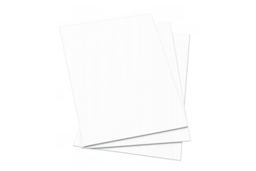 Blank white paper sheets stacked, presenting essential office stationery and document templates on a transparent background