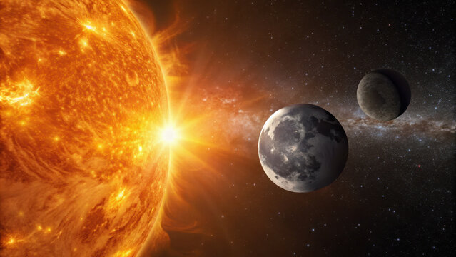 Star alignment. vibrant depiction of sun, earth, and moon in space, showcasing cosmic beauty and celestial alignment