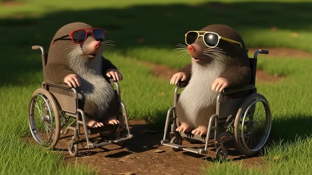 Two moles on wheelchairs enjoying outdoor time. International Day of Persons with Disabilities concept. Disability awareness and inclusion illustration. - Powered by Adobe