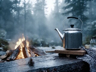 Camping morning campfire with kettle in foggy forest